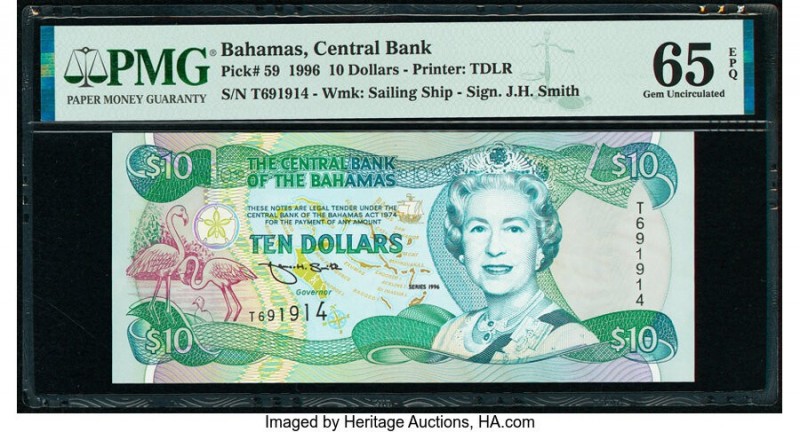 Bahamas Central Bank 10 Dollars 1996 Pick 59 PMG Gem Uncirculated 65 EPQ. 

HID0...