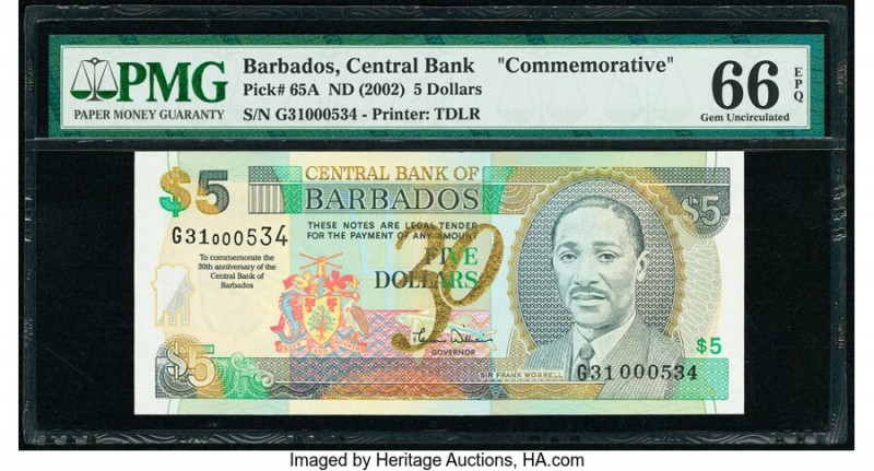 Barbados Central Bank 5 Dollars ND (2002) Pick 65A Commemorative PMG Gem Uncircu...