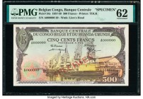 Belgian Congo Banque Centrale du Congo Belge 500 Francs 1.9.1957 Pick 34s Specimen PMG Uncirculated 62. Red Specimen overprints are seen and third par...