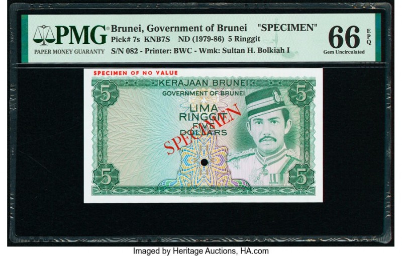 Brunei Government of Brunei 5 Ringgit ND (1979-86) Pick 7s KNB7S Specimen PMG Ge...
