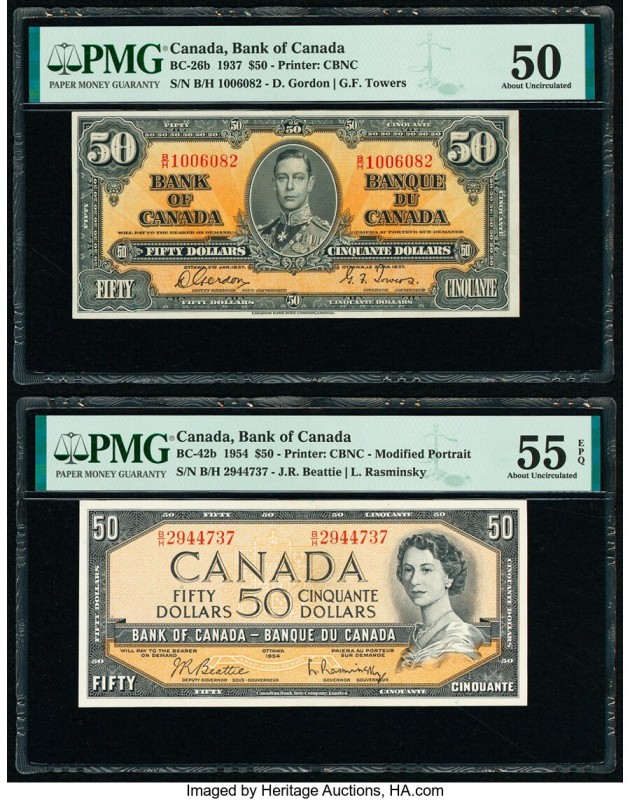 Canada Bank of Canada $50 1937; 1954 BC-26b; BC-42b Two Examples PMG About Uncir...