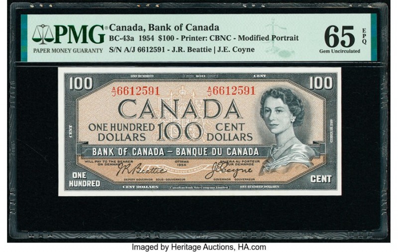 Canada Bank of Canada $100 1954 Pick 82a BC-43a PMG Gem Uncirculated 65 EPQ. 

H...