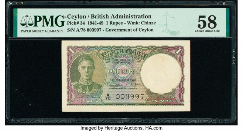 Ceylon Government of Ceylon 1 Rupee 1.3.1947 Pick 34 PMG Choice About Unc 58. 

...