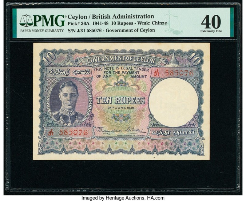 Ceylon Government of Ceylon 10 Rupees 24.6.1945 Pick 36A PMG Extremely Fine 40. ...