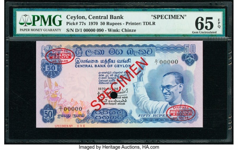 Ceylon Central Bank of Ceylon 50 Rupees 10.26.1970 Pick 77s Specimen PMG Gem Unc...