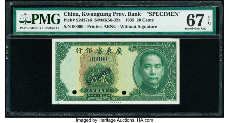 China Kwangtung Provincial Bank 20 Cents 1935 Pick S2437s6 S/M#K56-32a Specimen ...