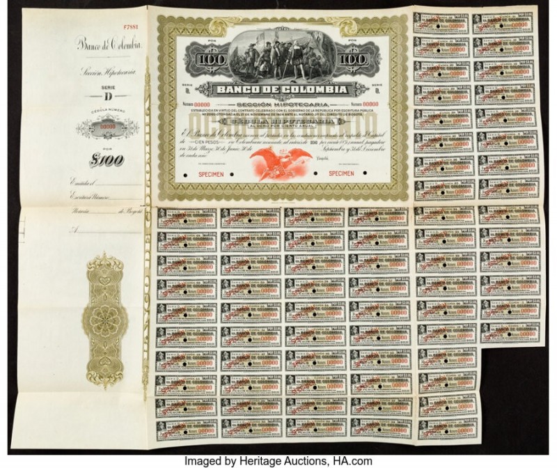 Colombia and Costa Rica Pair of Bond Specimen with Coupons Very Fine. Edge split...