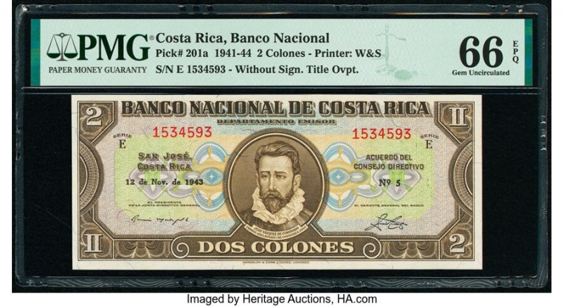 Costa Rica Banco Nacional de Costa Rica 2 Colones 12.11.1943 Pick 201a PMG Gem U...