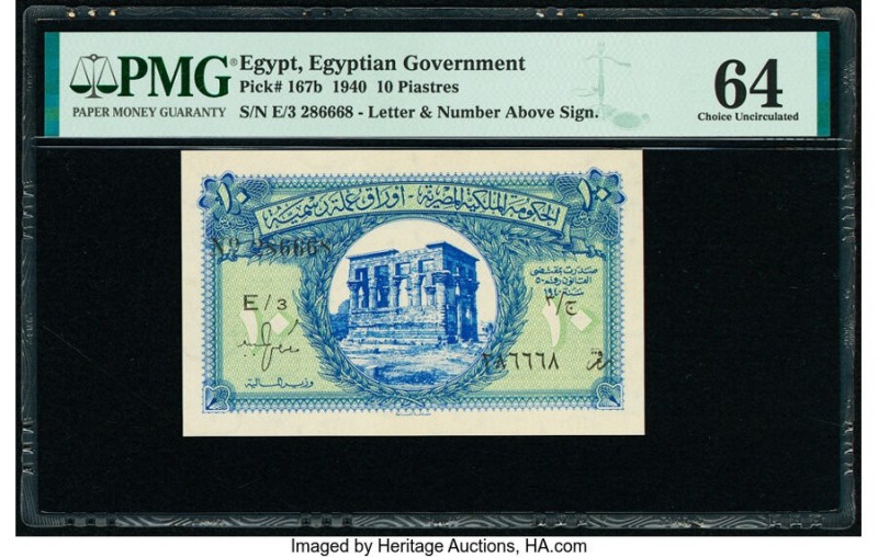 Egypt Egyptian Government 10 Piastres 1940 Pick 167b PMG Choice Uncirculated 64....
