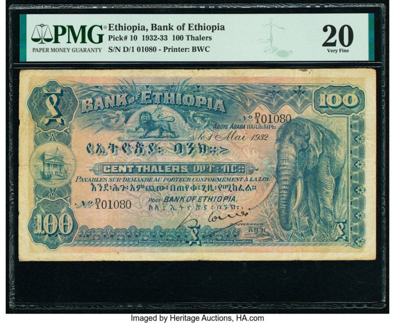 Ethiopia Bank of Ethiopia 100 Thalers 1.5.1932 Pick 10 PMG Very Fine 20. Pinhole...