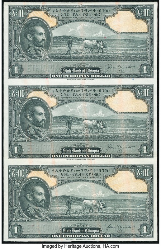Ethiopia State Bank of Ethiopia 1 Dollar ND (1945) Pick 12r Remainder Uncut Shee...