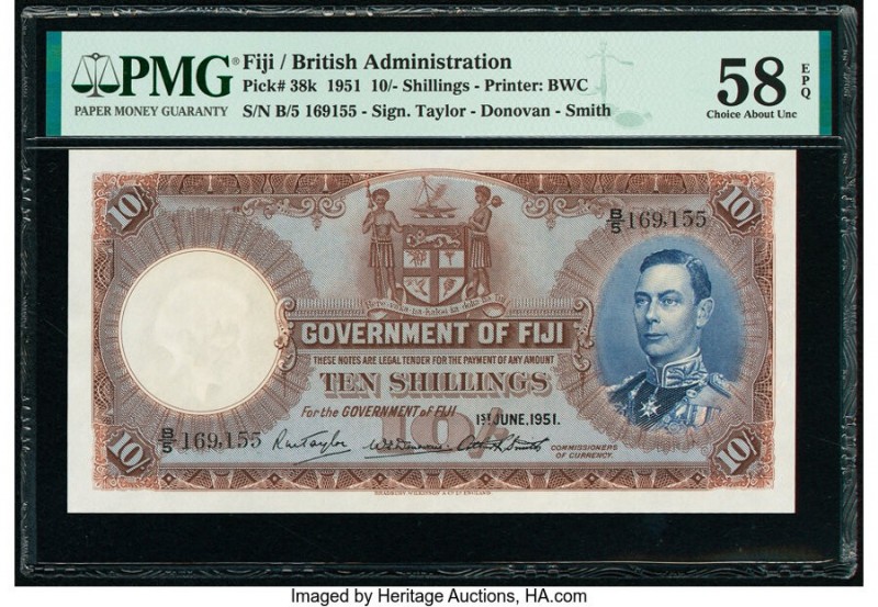 Fiji Government of Fiji 10 Shillings 1.6.1951 Pick 38k PMG Choice About Unc 58 E...