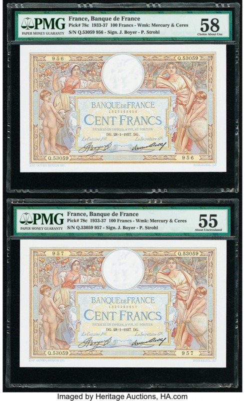 France Banque de France 100 Francs 28.1.1937 Pick 78c Two Consecutive Examples P...