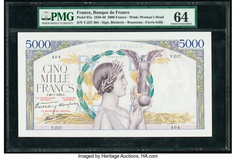 France Banque de France 5000 Francs 20.7.1939 Pick 97a PMG Choice Uncirculated 6...