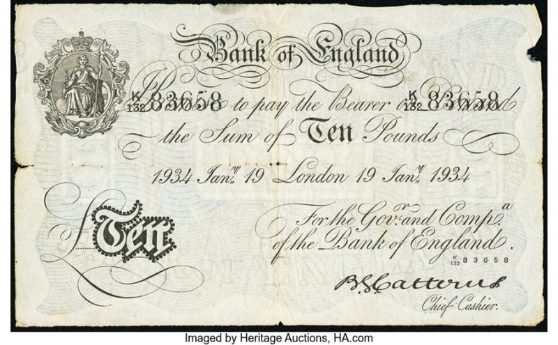 Great Britain Bank of England 10 Pounds 19.1.1934 Pick 329a Fine. Edge tears, ho...