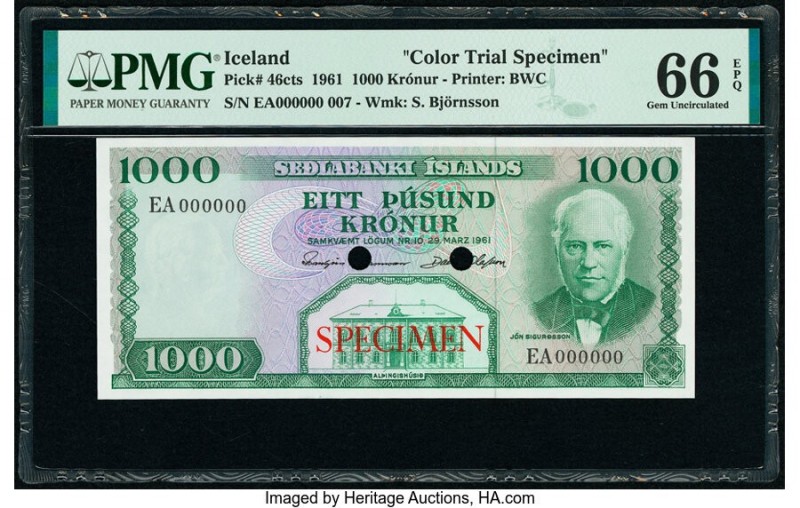 Iceland Sedlabanki Islands 1000 Kronur 29.3.1961 Pick 46cts Color Trial Specimen...
