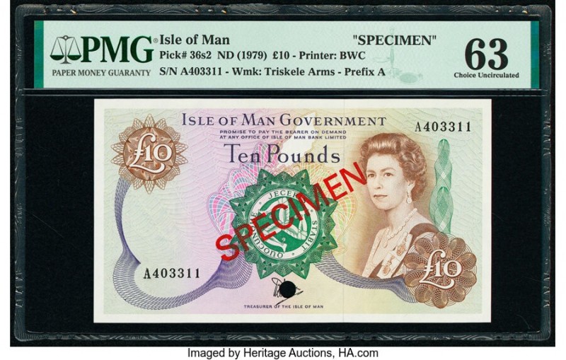 Isle Of Man Isle of Man Government 10 Pounds ND (1979) Pick 36s2 Specimen PMG Ch...