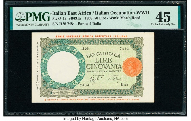 Italian East Africa Banca d'Italia 50 Lire 1938 Pick 1a PMG Choice Extremely Fin...