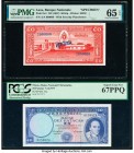 Lao Banque Nationale du Laos 50 Kip ND (1957) Pick 5s1 Specimen PMG Gem Uncirculated 65 EPQ; Macau Banco Nacional Ultramarino 10 Patacas 7.12.1977 Pic...