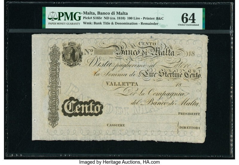 Malta Banco di Malta 100 Lire ND (ca. 1810) Pick S165r Remainder PMG Choice Unci...