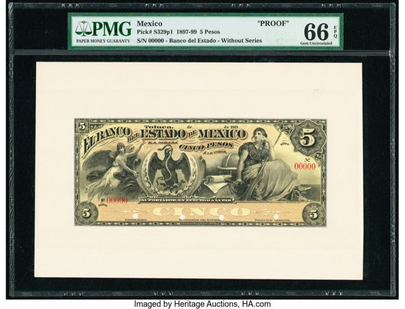 Mexico Banco Del Estado De Mexico 5 Pesos 1897-99 Pick S329p1 Proof PMG Gem Unci...