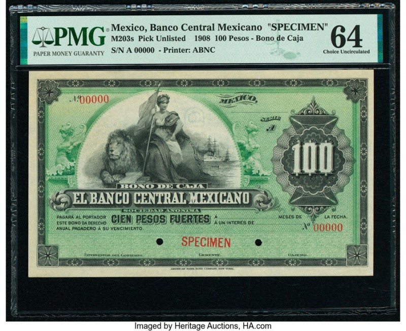 Mexico Banco Central Mexicano 100 Peso 1908 Pick UNL PMG Choice Uncirculated 64....