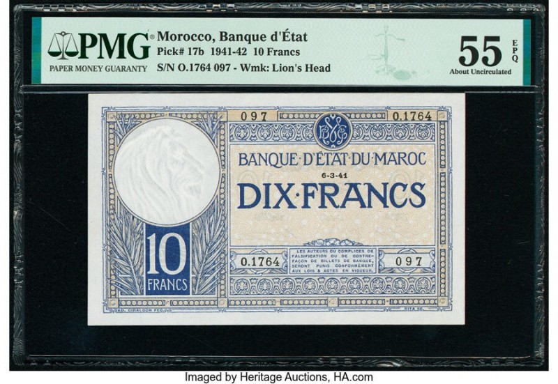 Morocco Banque d'Etat du Maroc 10 Francs 1941-42 Pick 17b PMG About Uncirculated...