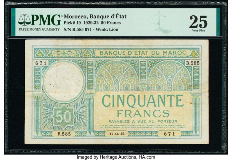 Morocco Banque d'Etat du Maroc 50 Francs 1929-32 Pick 19 PMG Very Fine 25. Third...