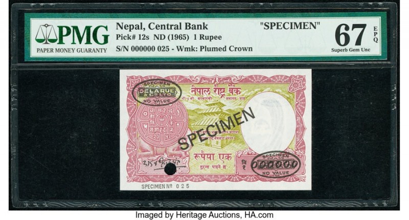 Nepal Central Bank of Nepal 1 Rupee ND (1965) Pick 12s Specimen PMG Superb Gem U...