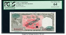 Nepal Central Bank of Nepal 10 Rupees ND (1961) Pick 14s Specimen PCGS Very Choice New 64. Green Specimen & TDLR overprints along with one POC.

HID09...