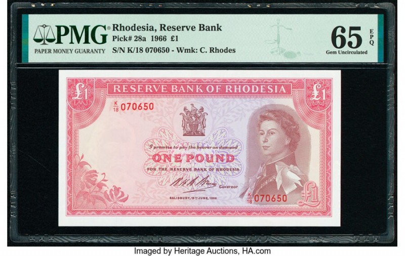 Rhodesia Reserve Bank of Rhodesia 1 Pound 15.6.1966 Pick 28a PMG Gem Uncirculate...