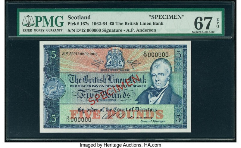 Scotland British Linen Bank 5 Pounds 21.9.1962 Pick 167s Specimen PMG Superb Gem...