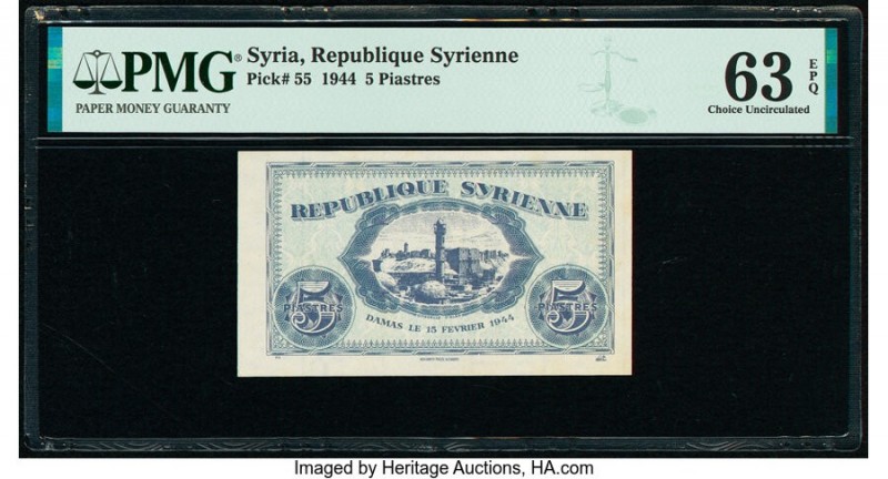 Syria Republique Syrienne 5 Piastres 1944 Pick 55 PMG Choice Uncirculated 63 EPQ...