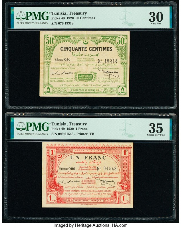 Tunisia Treasury 50 Centimes; 1 Franc 1920 Pick 48; 49 Two Examples PMG Very Fin...