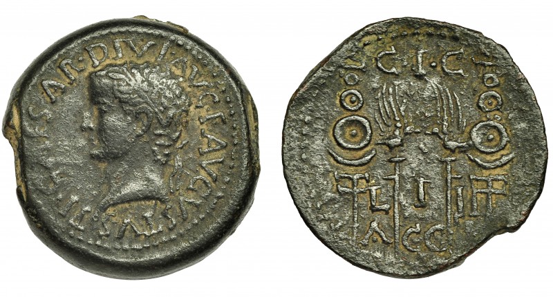 HISPANIA ANTIGUA. ACCI. As. Tiberio. A/ Cabeza laureada a izq.; TI CAESAR DIVI A...
