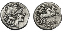 REPÚBLICA ROMANA. AFRANIA. Denario. Roma (150 a.C.). R/ Victoria en biga a der.; SAFRA. AR 3,73 g. 18,2 mm. CRAW-206.1. FFC-133. Contramarca en anv. M...