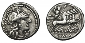 REPÚBLICA ROMANA. ANTESTIA. Denario. Roma (136 a.C.). A/ Cabeza de Roma a der.; detrás GRAG. AR 3,72 g. 18,8 mm. CRAW-238.1. FFC-151. MBC-.