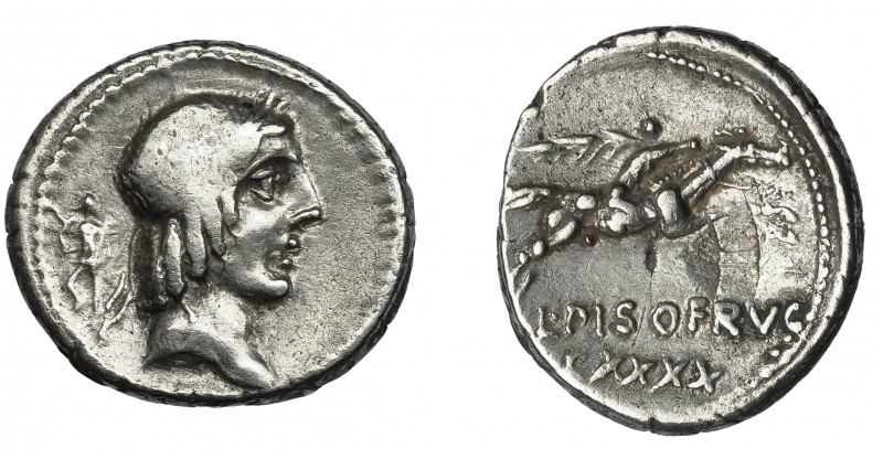 REPÚBLICA ROMANA. CALPURNIA. Denario. Roma (90 a.C.). A/ Símbolo detrás de la ca...