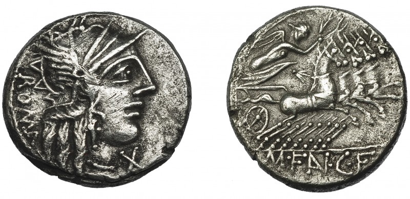 REPÚBLICA ROMANA. FANNIA. Denario. Roma (123 a.C.). R/ En exergo M FAN CF. AR 3,...