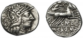 REPÚBLICA ROMANA. FULVIA. Denario. Roma (117-116 a.C.). R/ Ley. CN FOVL M CAL Q MET. AR 3,85 g. 19,2 mm. CRAW-284.1b. FFC-726. Finas rayitas. MBC.