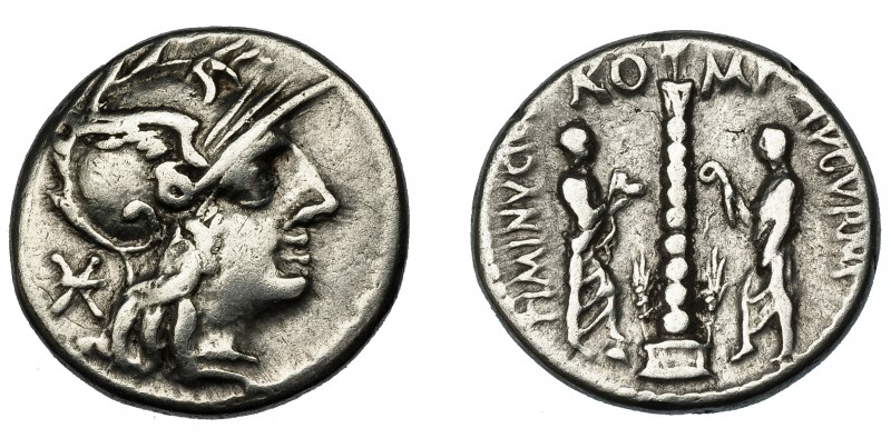 REPÚBLICA ROMANA. MINUCIA. Denario. Roma (103 a.C.). R/ Columna flanqueada por d...