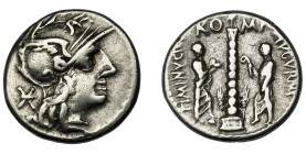 REPÚBLICA ROMANA. MINUCIA. Denario. Roma (103 a.C.). R/ Columna flanqueada por dos togados; TI MINVCI C. F. AVGVRINI, RO-MA. Ar 3,92 g. 17,9 mm. CRAW-...