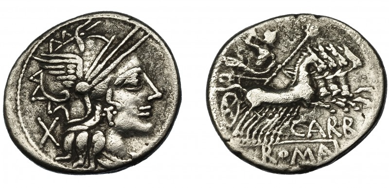 REPÚBLICA ROMANA. PAPIRIA. Denario. Roma (122 a.C.). R/ Ley. CARB y ROMA en cart...