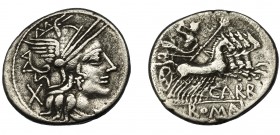 REPÚBLICA ROMANA. PAPIRIA. Denario. Roma (122 a.C.). R/ Ley. CARB y ROMA en cartela. AR 3,80 g. 20,8 mm. CRAW-279.1. FFC-958. MBC/MBC-.