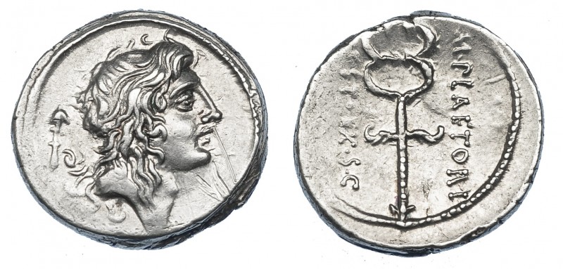REPÚBLICA ROMANA. PLAETORIA. Denario. Roma (69 a.C.). A/ Cabeza de Bonus Eventus...