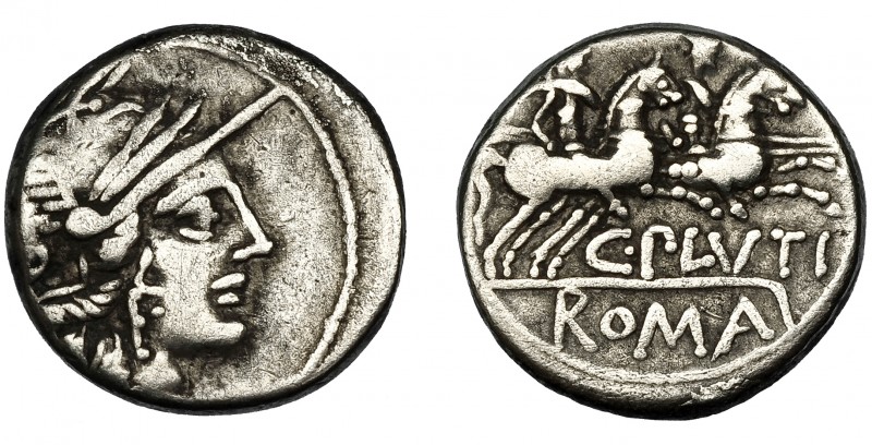 REPÚBLICA ROMANA. PLUTIA. Denario. Roma (121 a.C.). R/ Ley. C. PLVTI y ROMA en c...