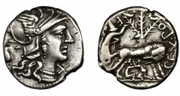 REPÚBLICA ROMANA. POMPEIA. Denario. Roma (137 a.C.). R/ Loba con Rómulo y Remo, detrás Faustulus; ley. EX POM F (OSTVLVS). AR 3,58 g. 18,8 mm. CRAW-23...