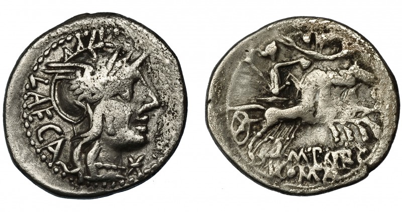 REPÚBLICA ROMANA. PORCIA. Denario. Roma (125 a.C.). R/ Ley. M. PORC. AR 3,82 g. ...