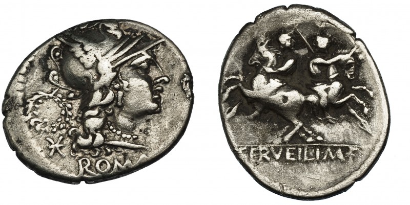 REPÚBLICA ROMANA. SERVILIA. Denario. Roma (136 a.C.). A/Corona detrás de la cabe...