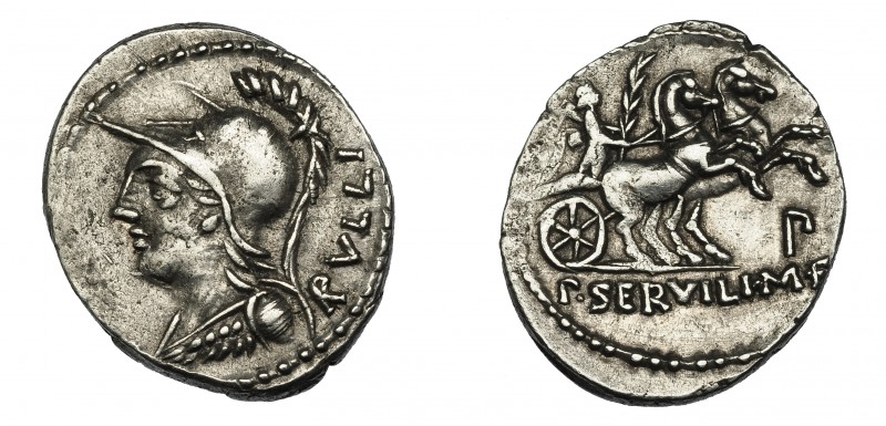 REPÚBLICA ROMANA. SERVILIA. Denario. Roma (100 a.C.). A/ Ley. RVLLI. R/ Símbolo ...